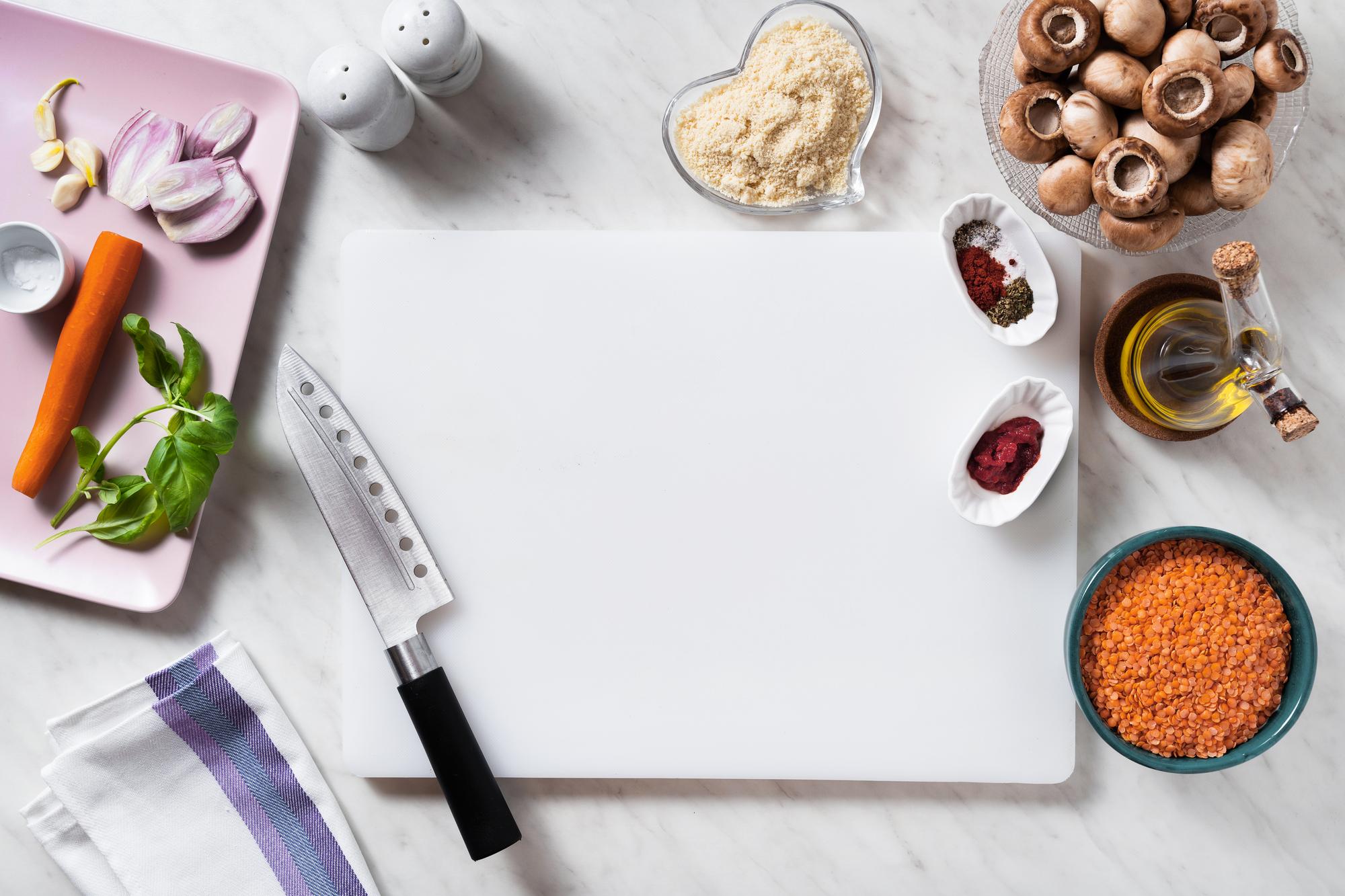 Kitchen counter with ingredients and recipe card