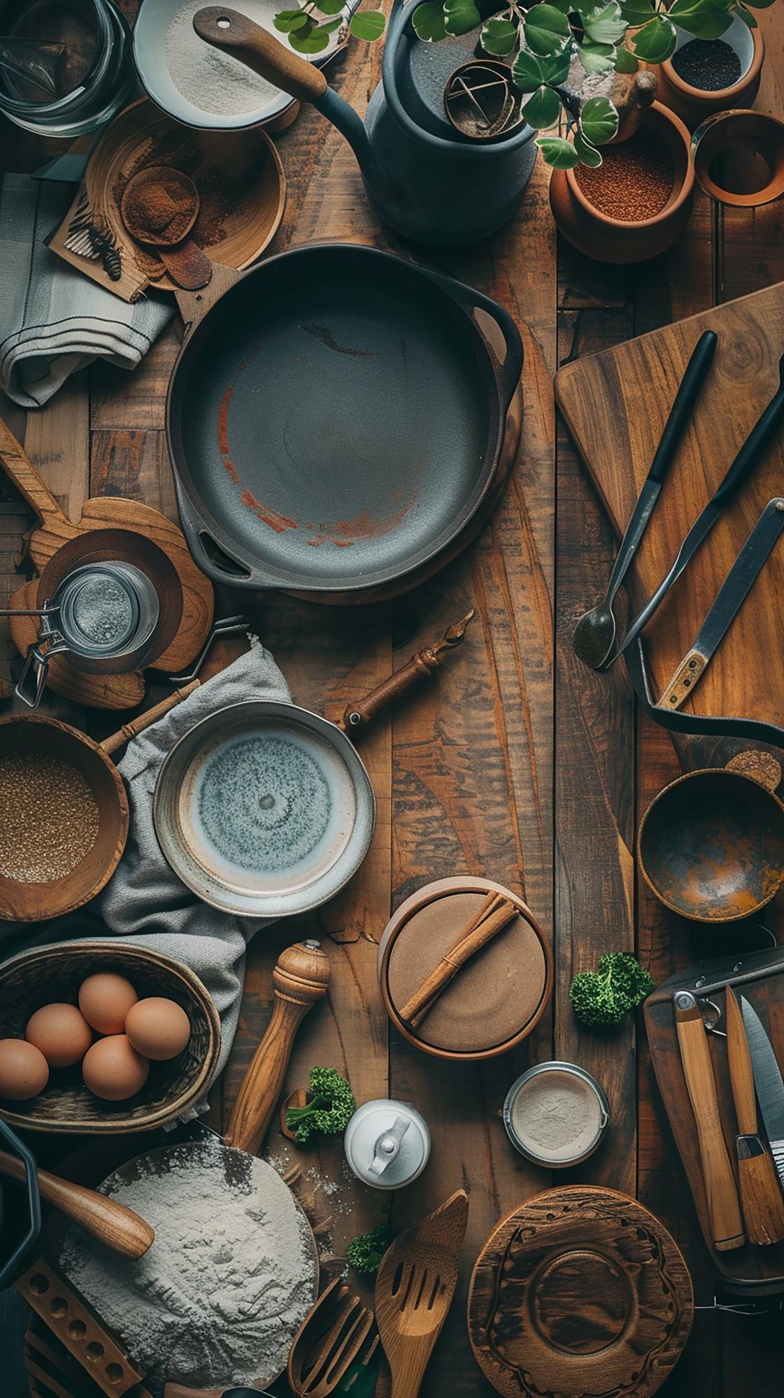 Cookware and utensils on wooden table